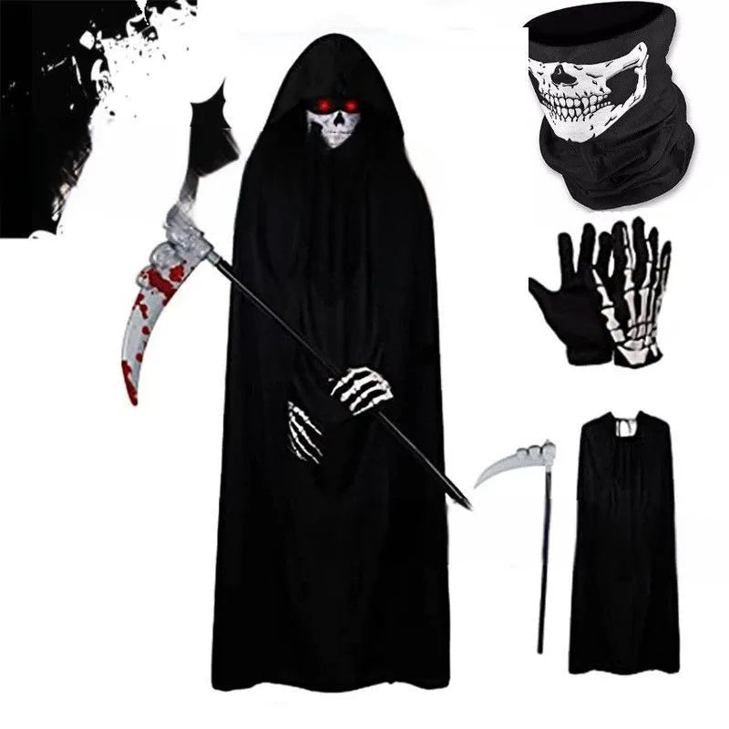 2026Halloween New Party Role Playing Children Adult Death Black Cloak Halloween Skull Ball Costume Prop Set Children Adult Gift