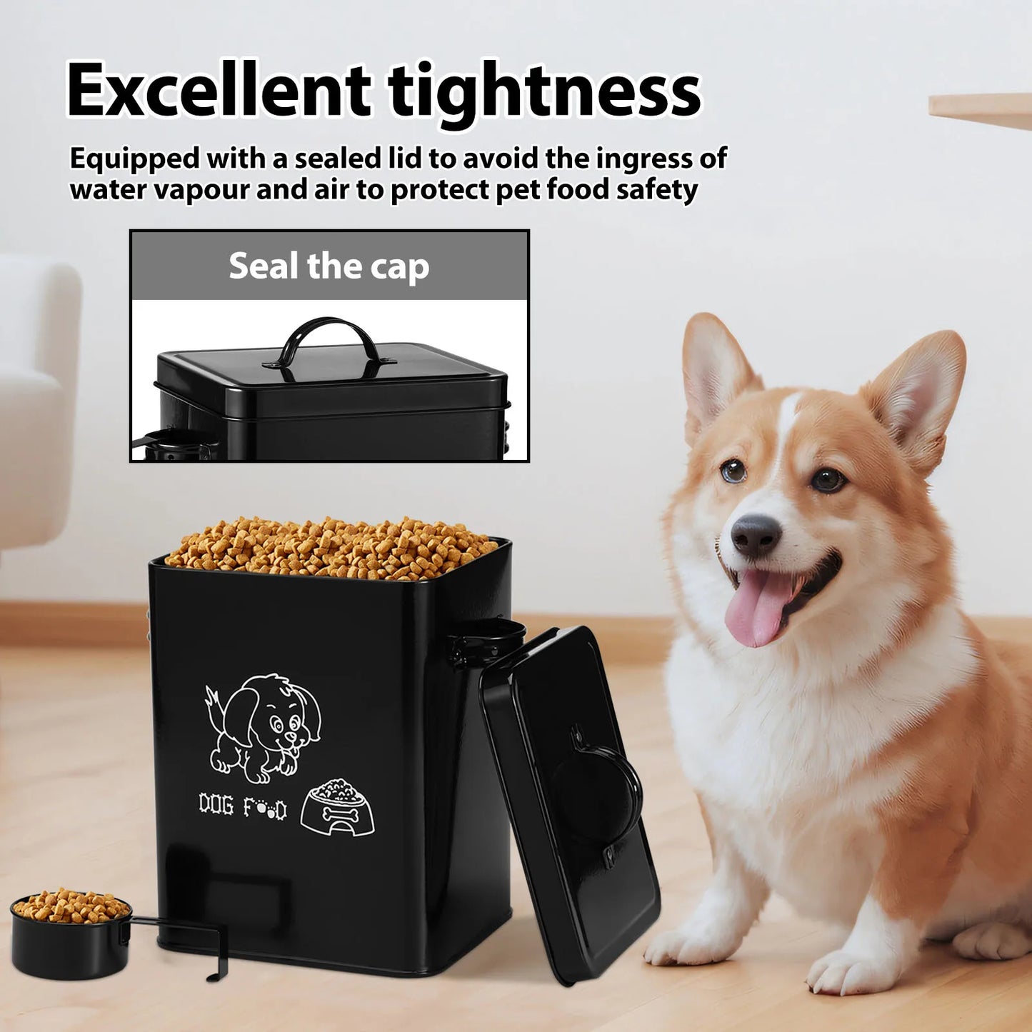 Pet Food Storage Box Metal Dog Food Storage Container Large Capacity Sealing Square Cat Food Organizer with Lid and Spoon
