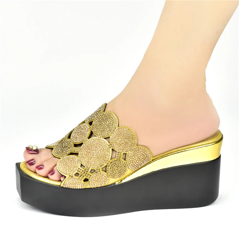 New Fashion Lady Shoes with Rhinestone Crystal Design Open Toe Sexy Nigerian Ladies Shoes Party Wedding Shoes Slippers Pumps