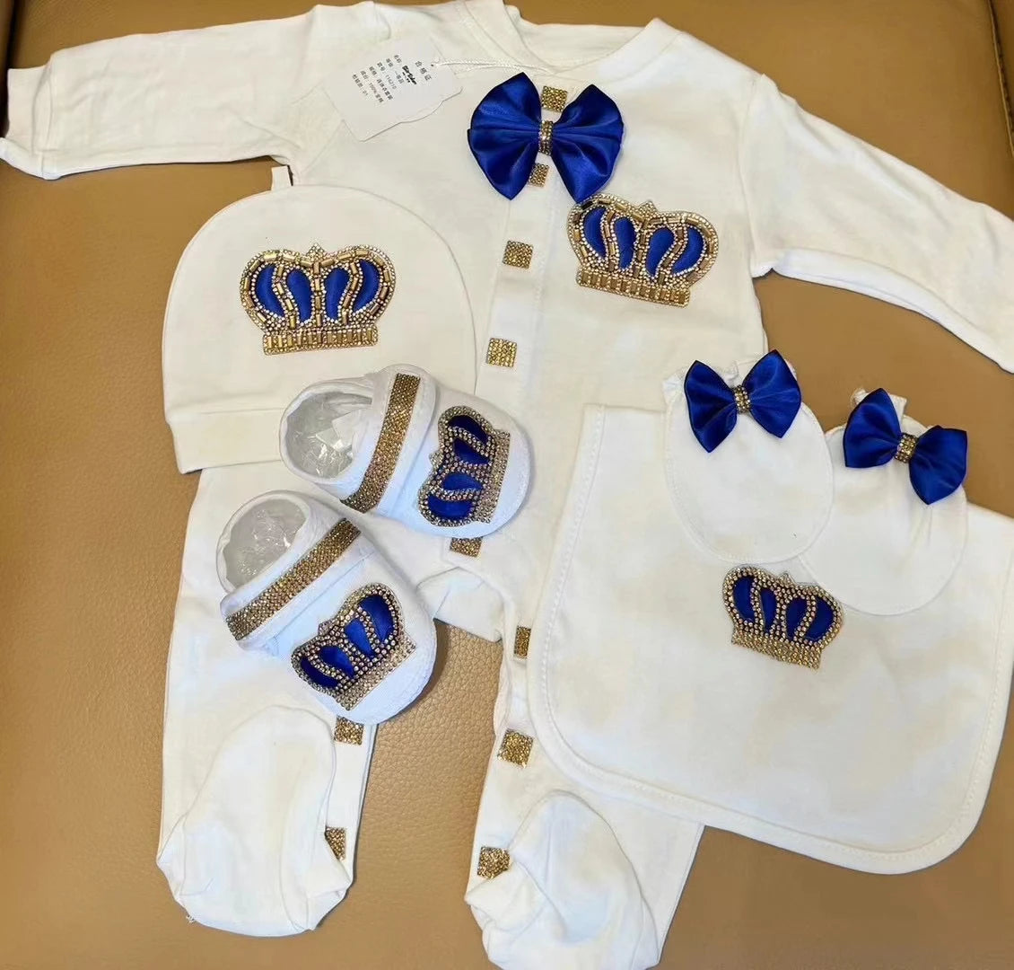 Dollbling Baptism Outfit Boy Prince Luxury Bling Christening Coming Home Romper Bonnet Set Mittens Nursery Hospital Clothing set