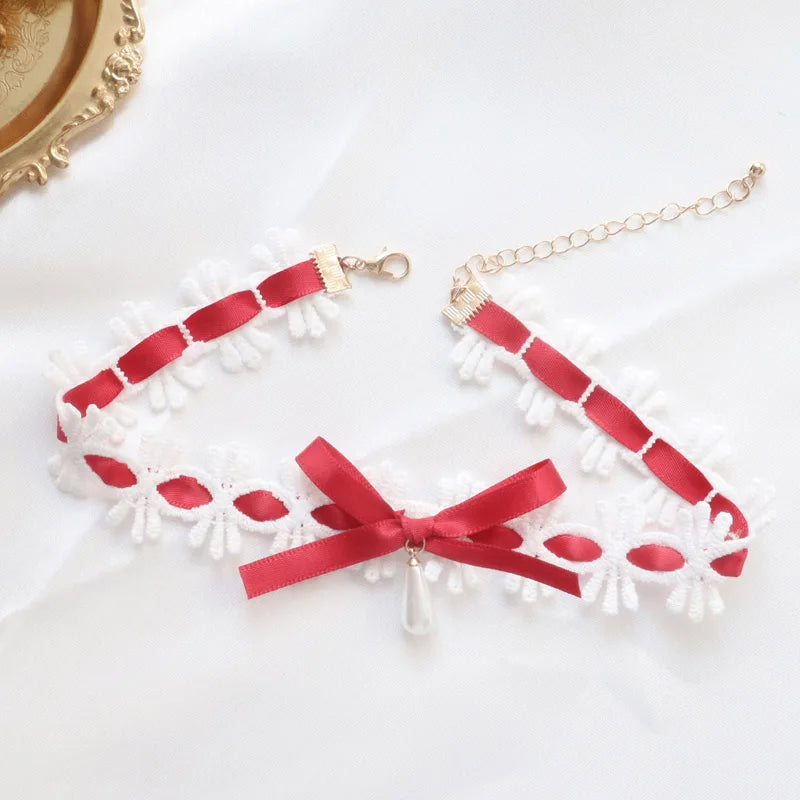Women's Sexy Bow Lace Necklace with Pearl Drop Clavicle Choker in White Pink Black Purple - Elegant Lady Jewelry Gift