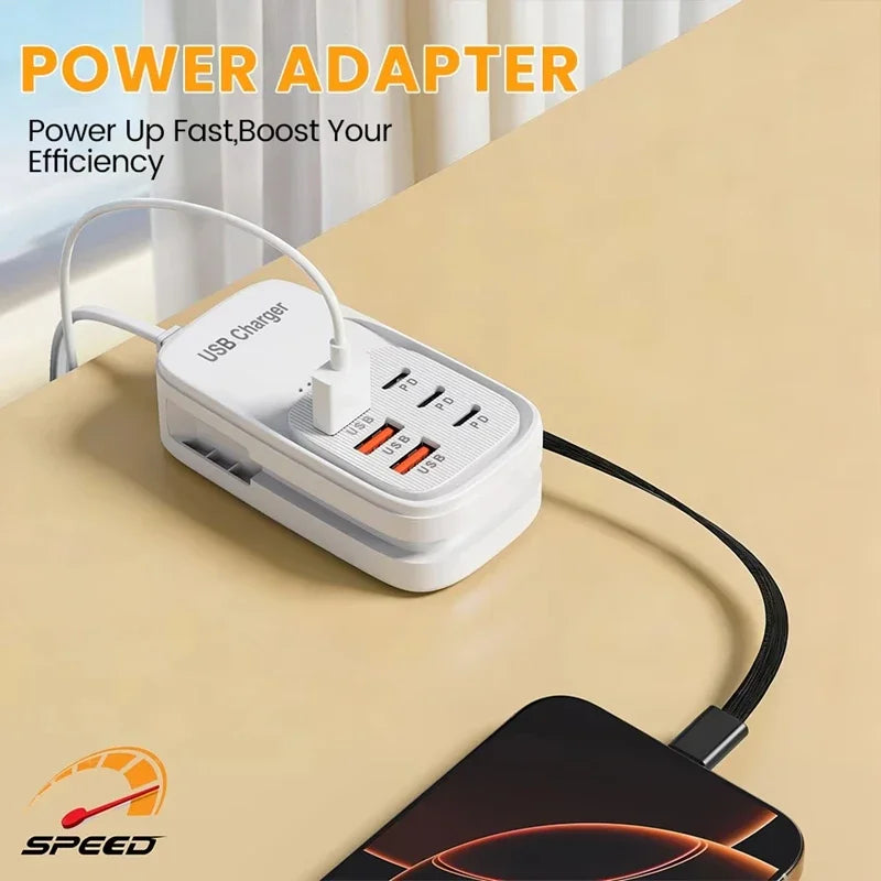 New USB Charger 6-in-1 Power Strip Desktop Charging Station With Fast Charging Cord EU US Plug USB/C HUB Adapter Socket 3PD 3USB