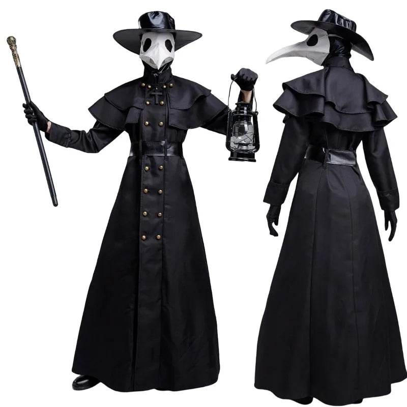 Halloween Plague Doctor Cosplay Hooded Robe Medieval Steampunk Priest Horror Wizard Cloak Cape With Long Nose Beak Leather Masks