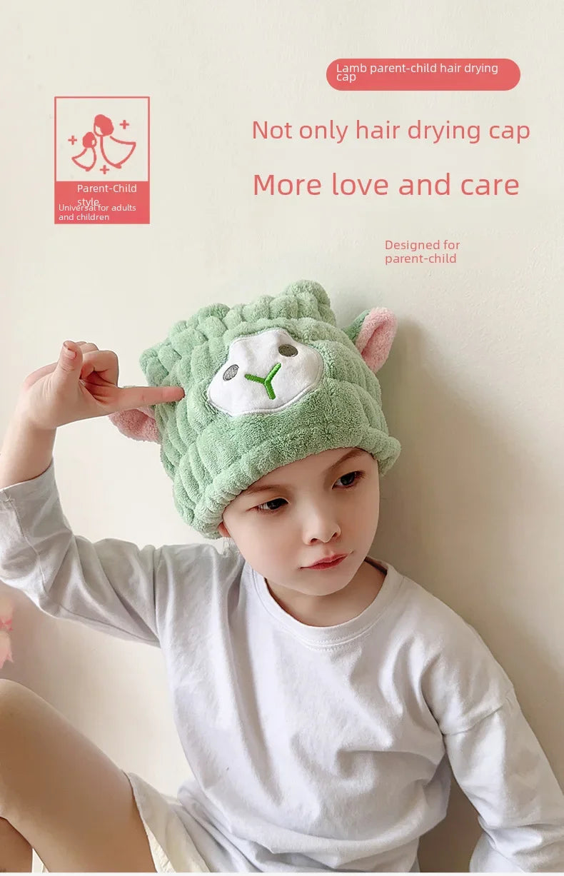 Coral Fleece Cartoon Kids Hair Drying Hat Animal Embroidered Shower Cap Absorbent Quick Dry Tape Cute Bathroom Accessory Soft