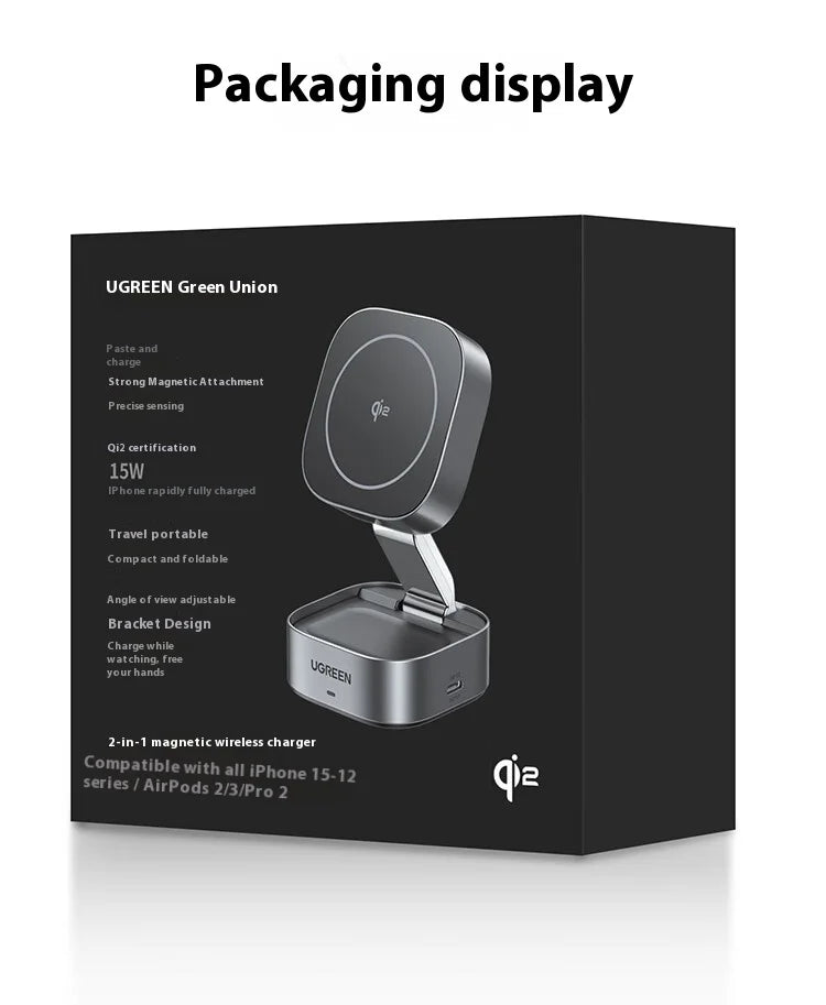 UGREEN Qi2 25W Magnetic Wireless Charger Stand Magsafe Fast Charger 2-in-1 Charging Stand For iPhone 16Pro 15 Pro Max/AirPods