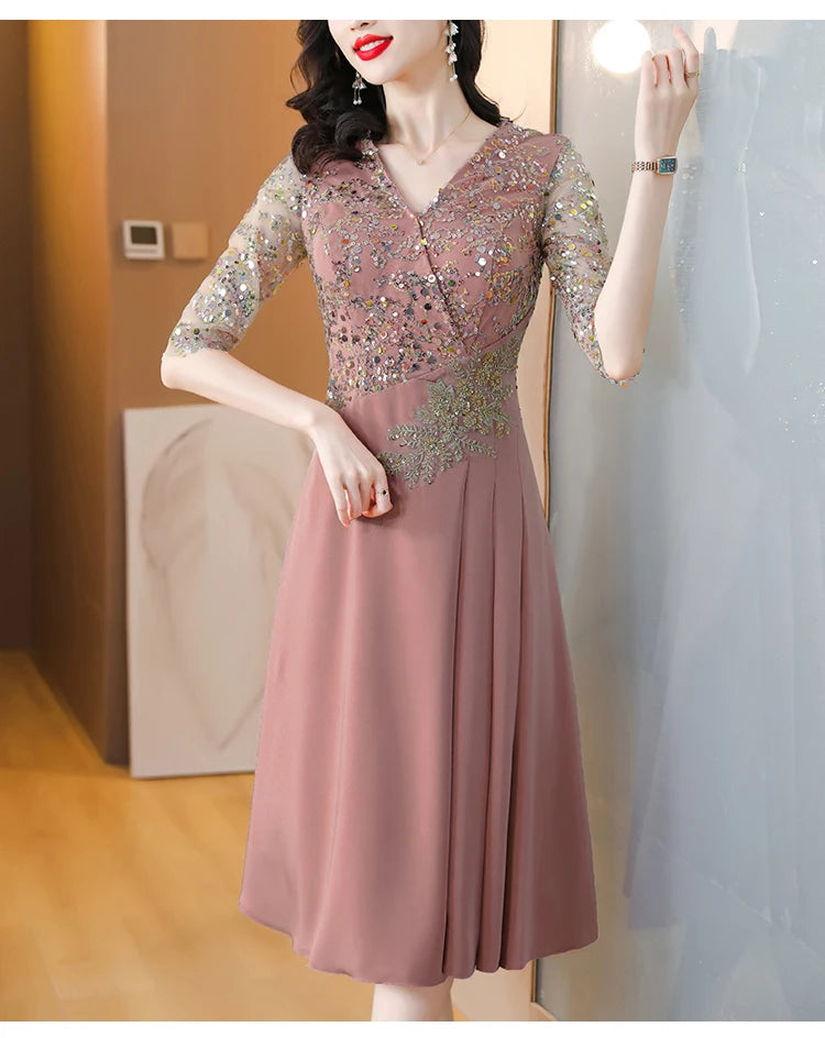 Summer New Sequins Luxury Chic Evening Wedding Dress 2024 Women's Elegant Bodycon Midi Dress Satin Vintage Casual Party Vestidos