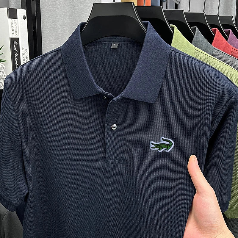 100% Cotton High-End Men New Short-Sleeved Polo Shirt Lapel Button Embroidery British Style Fashion Snug Hot-Selling Men's Wear