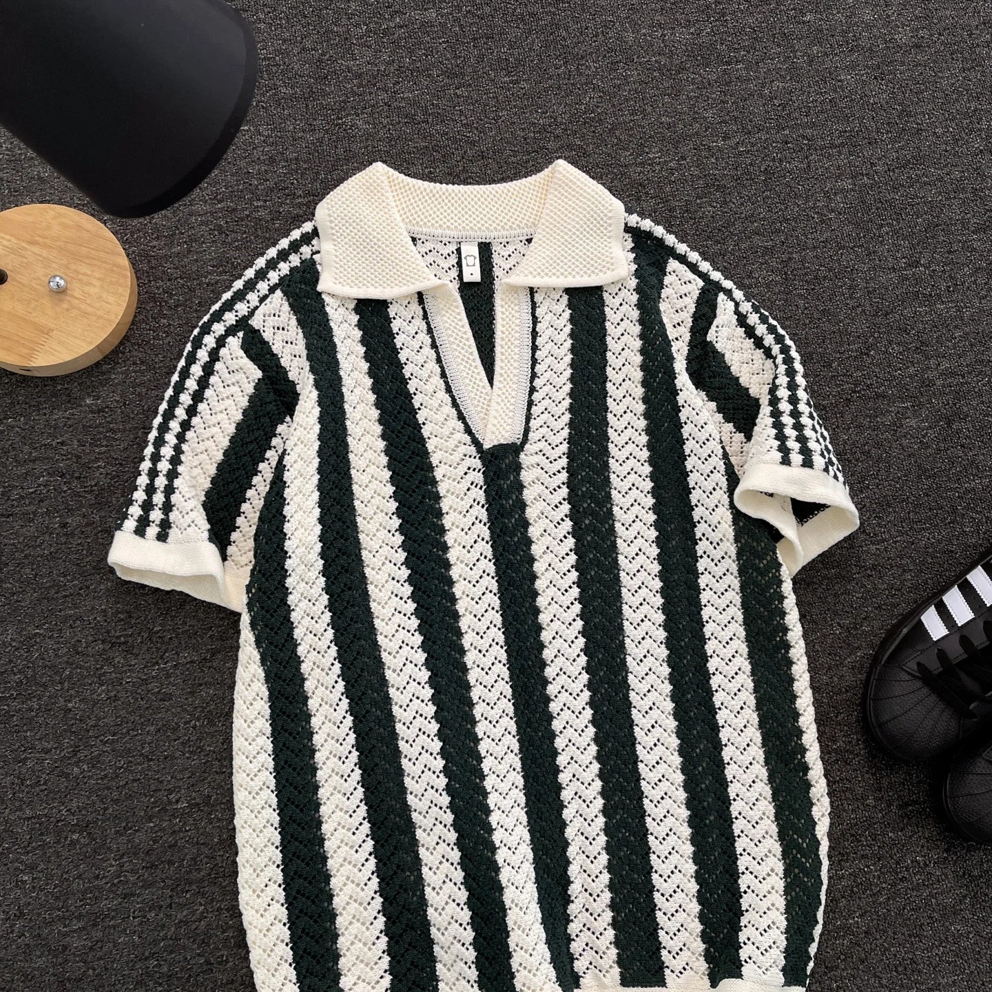 Men's Short Sleeve  Shirt Knitted Hollow out V-Neck Summer Breathable Stripe Pattern Versatile Casual T-Shirt