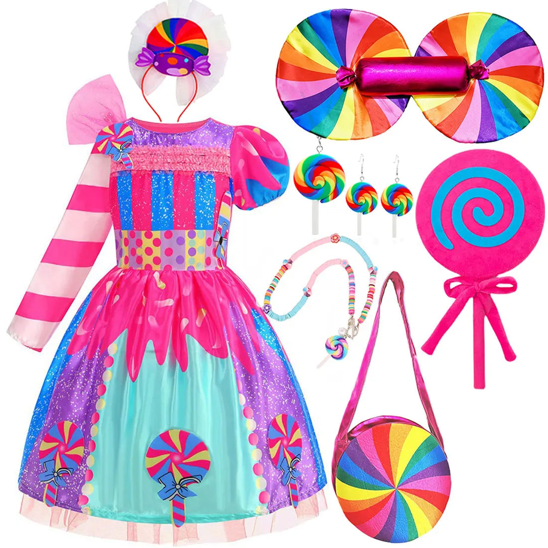 Purim Girls Rainbow Vestidos Candy Fairy Lollipop Cosplay Costume Toddler Girls Birthday Party Carnival Long Short Sleeves Dress