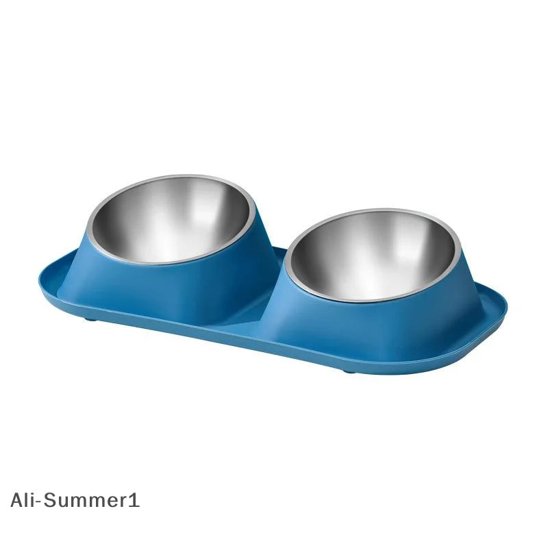 1pc Stainless Steel Double Cat Dog Bowl Cat Food Container Non-slip Base Pet Water Feeder Tilt Safeguard Neck Puppy Cats Bowls