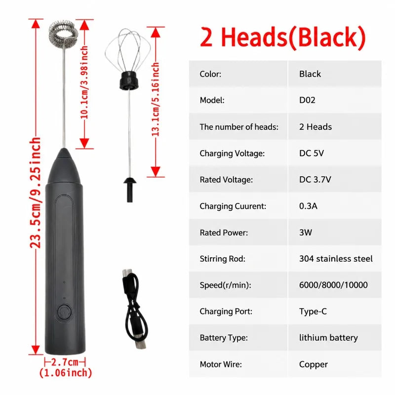Electric Coffee Frother 2 In 1 Rechargeable Type-C Blender Stainless Steel 3 Speeds Milk Mixer Egg Beater Handheld Foam Maker