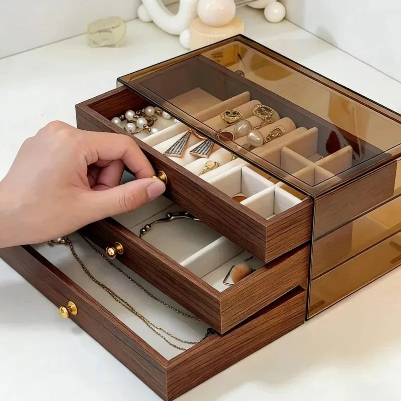 3-layer Large Capacity Drawer Walnut Wood Jewelry Storage Box Suitable for Earring Necklace Ring Jewelry Oxidation Prevention