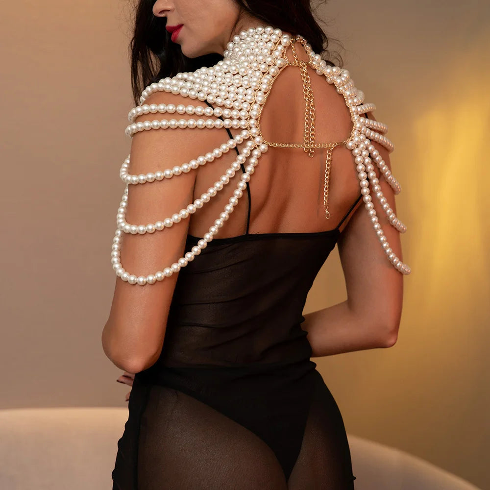 Women's Pearl Body Chains Bra Fashion Adjustable Size Shoulder Necklaces Sexy Tops Chain Wedding Dress Pearls Shawl Body Jewelry