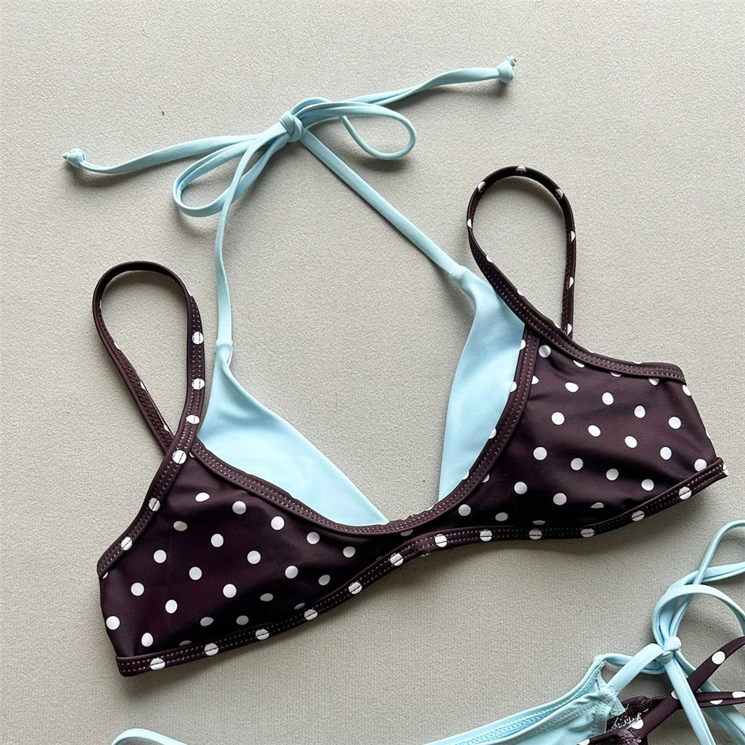 Sexy Polka Dot Plaid Halter Bikini Female Swimsuit Women Swimwear Two-Pieces Bikini Set Splicing Bather Bathing Suit Swim V8027