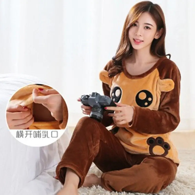 Autumn Long Sleeve flannel Maternity Clothing winter Thin coral fleece Pajamas Set Pregnant Women Breastfeeding Nursing Pyjama