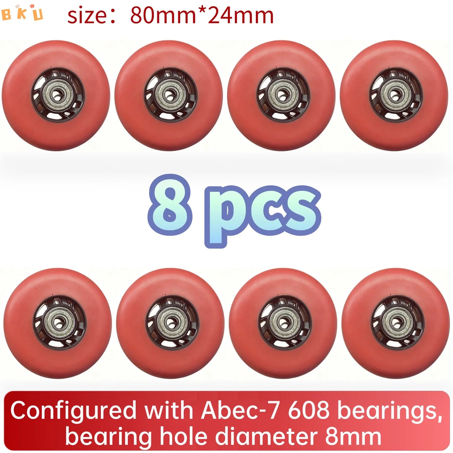 BKU 80mm PU Durable Replacement Wheels (8PCS) - Compatible with Inline Skates Scooters Strollers Suitcases