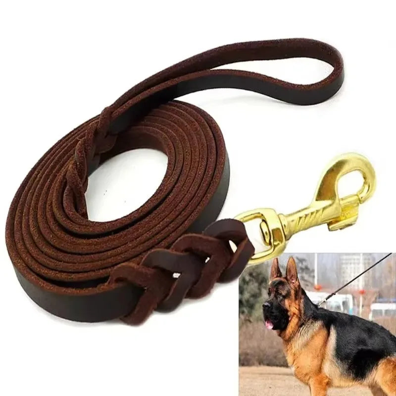 Handmade Genuine Leather Braided Dog Leash Heavy-Duty Training Lead with Metal Hook for Medium/Large Pets Dog Collar