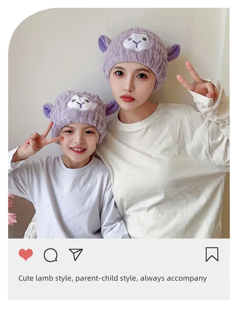 Coral Fleece Cartoon Kids Hair Drying Hat Animal Embroidered Shower Cap Absorbent Quick Dry Tape Cute Bathroom Accessory Soft