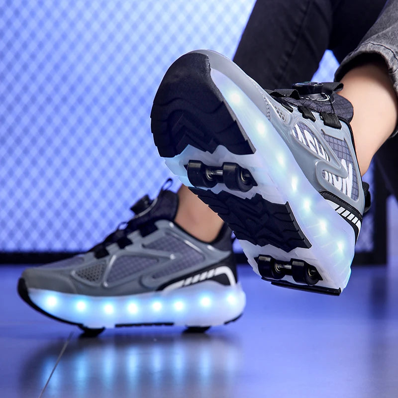 Children's Roller Skate Shoes 4-Wheels Removable Wheeled Rolling Shoes for Kids with LED Light Inline Skate Sneaker
