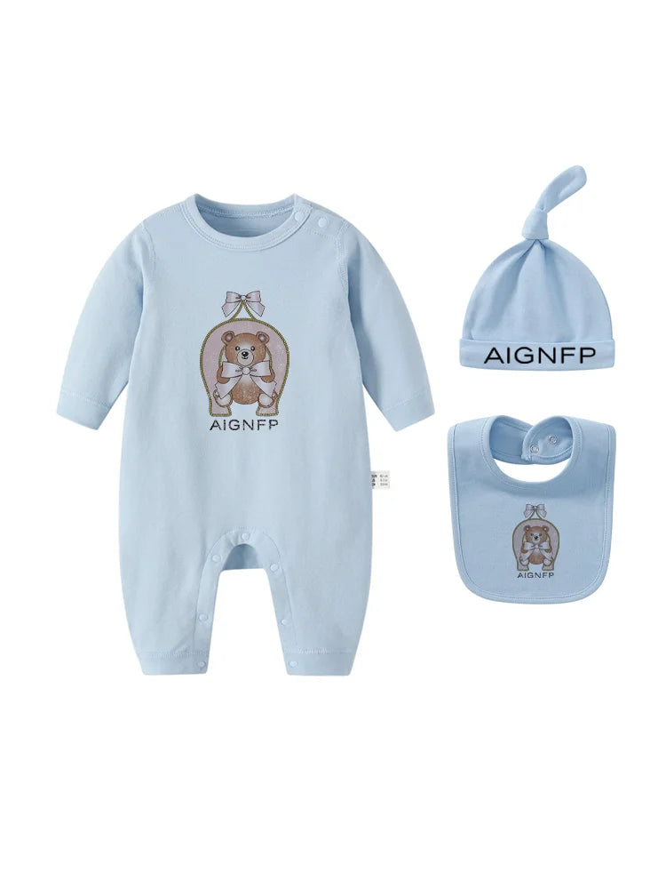 Cute Bow Bear Romper Newborns Clothes Autumn 2025 Hot Sale New Toddler Jumpsuit Hat Bib scarf Set Baby Girls Long sleeves Romper