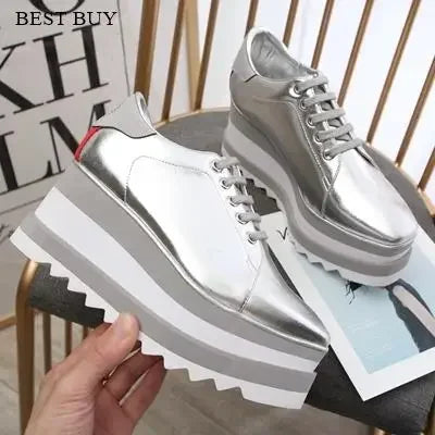 2024 Height Increasing Star Rivet Shoes Classic Platform Rose Gold sneakers Mix Color Square Toe Wedge Shoes Lace Up Lady Shoes