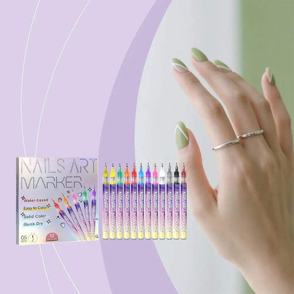 12Pcs/Set Nail Acrylic Graffiti Pen 12 Color Nail Marker Drawing DIY Beauty Nail Art Tools Waterproof and Quick Drying Nail Mark