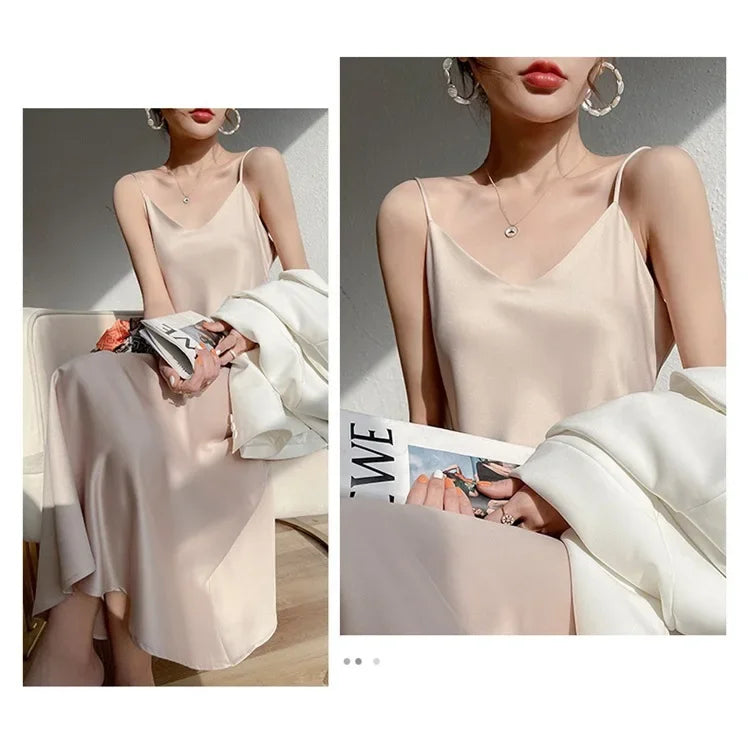 Silk V-neck Slim-fit Satin Dress Sexy Strap Long Gown for Women New 2025 Spring Summer Inner Wear Dress Elegant Lady Dress