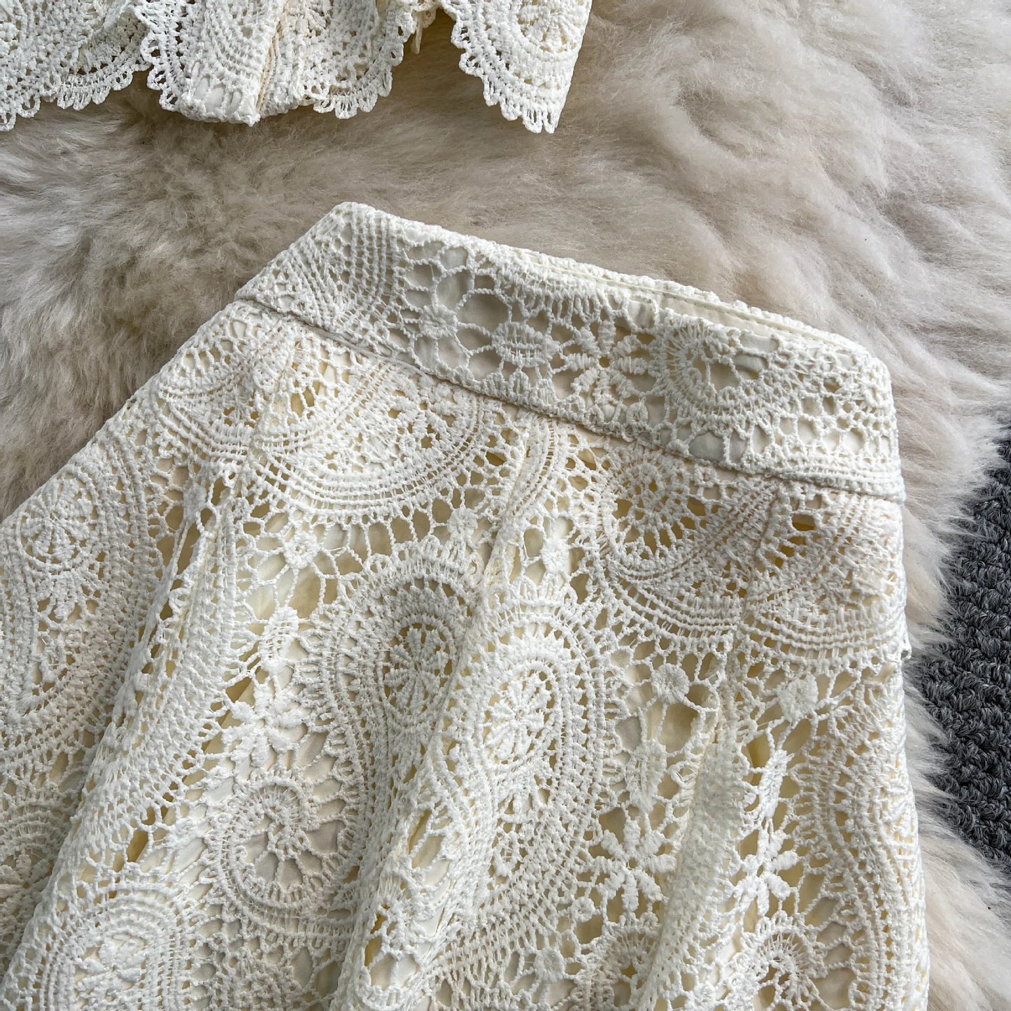 Women Two Piece Sets Skirt Set Embroidery Lace Hollow Out Half Sleeve Shirt Long Skirts A Line High Waist Elegant Work Spring
