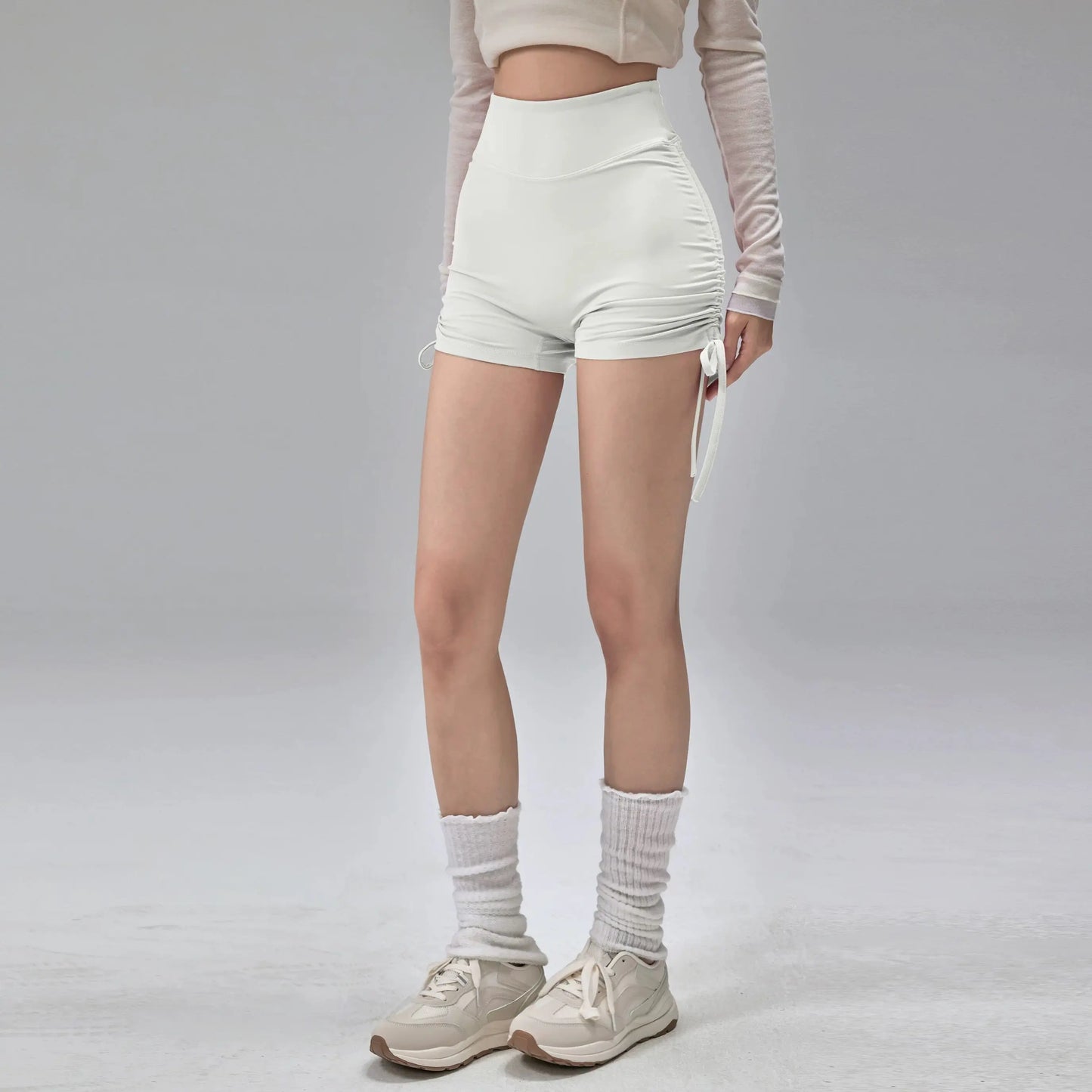 High Waisted Sports Shorts, Summer Fitness Shorts, Drawstring Straps, Quick Drying Running and Dancing Three Quarter Pants, Wome