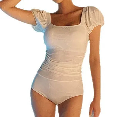 Slimming One-Piece Swimsuit Women's High-End Bubble Sleeve Square Collar Thermal Vacation Bodycon Sexy Pure Color Swimwear