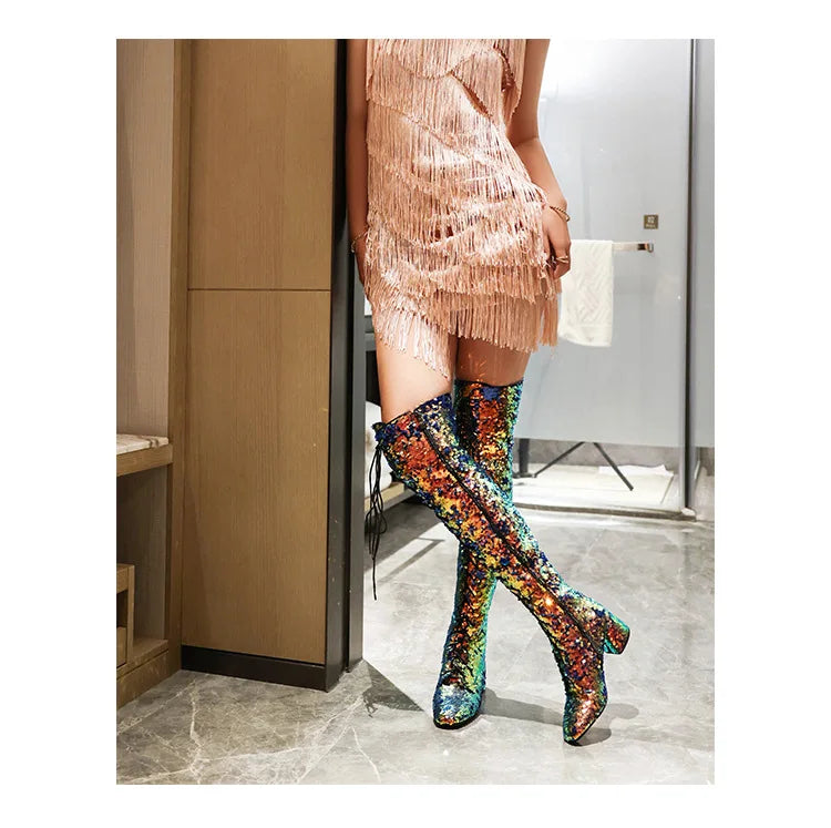 Glitter Bling Boots Women Over the knee Chunk High Heels Zipper Lace-Up Runway Lady Shoes Large Size Thigh High Boots Size 46