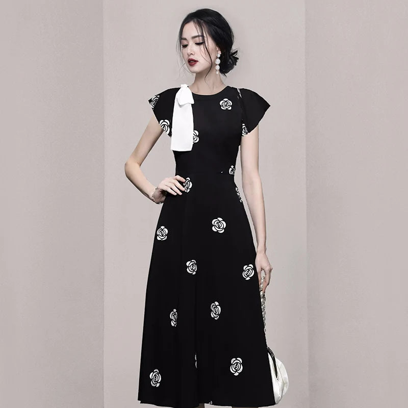 Designer Fashion New Summer Rose Flower Embroidery Office Dress Elegant Women O Neck Hit Color Bowknot Black Floral Midi Dresses