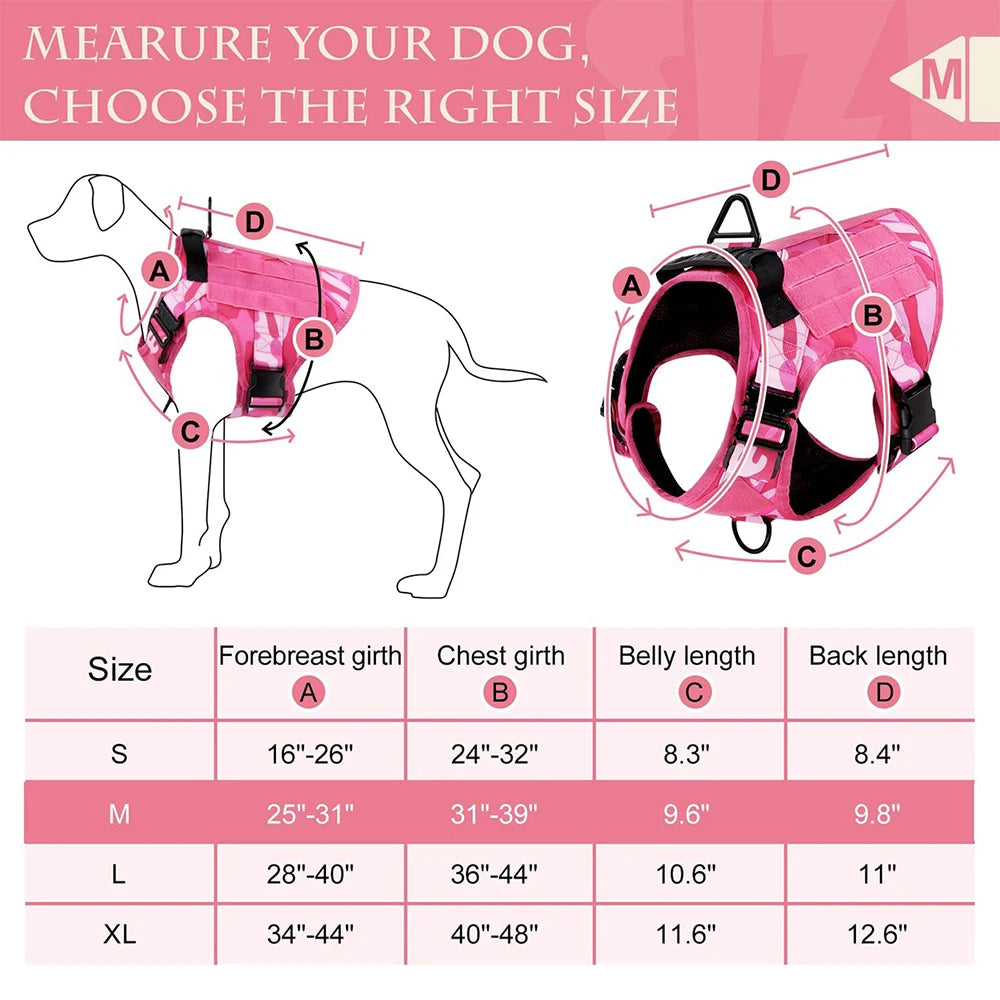 Tactical Pink Dog Harness Leash Set for Medium to Large Dog Adjustable Chest Strap Heavy-Duty Nylon for Outdoor Training Walking