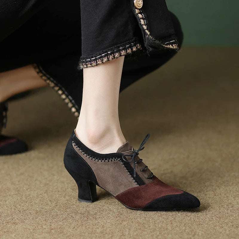 2025 New Spring Autumn Retro Mature Women Pumps Office Ladies High-heeled Lace-Up Genuine Leather Suede Shoes Woman High Quality