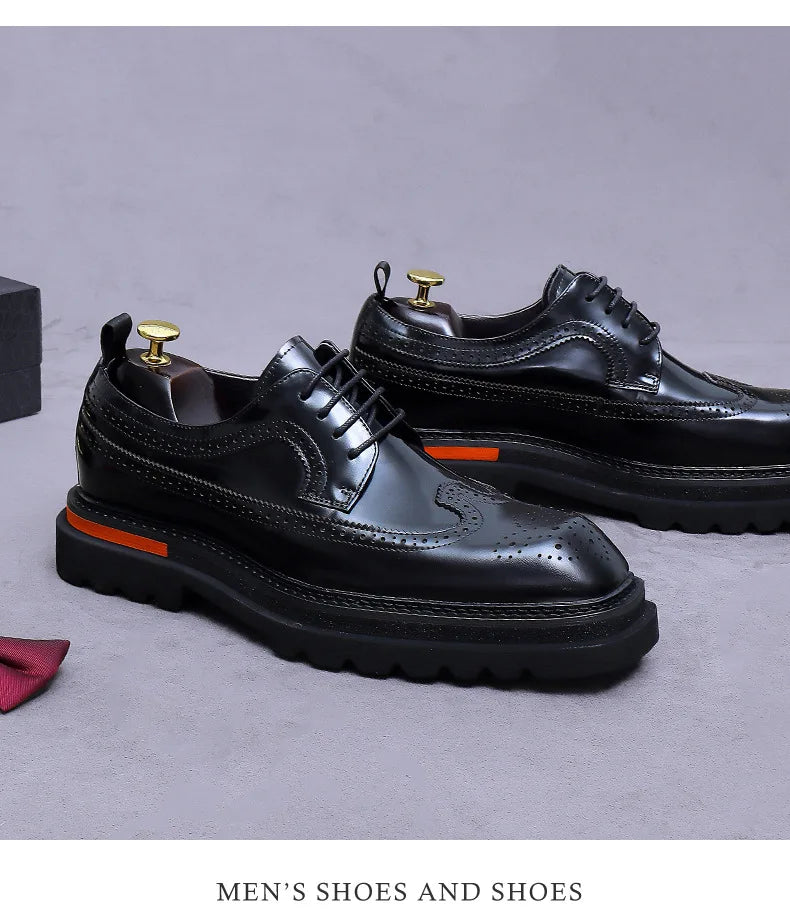 Men's Brogue Platform Oxford Shoes Genuine Leather Thick Sole Formal Dress Shoes for Men Business Casual Lace Up Luxury Oxfords