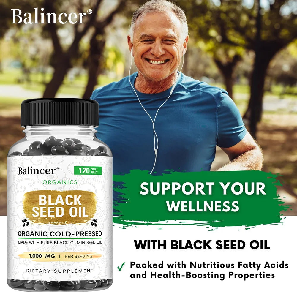 Organic Black Cumin Seed Oil 1000mg Capsules, Cold-Pressed, Immune & Hair Skin Support, Nutritive Antioxidants Non-GMO Vegan