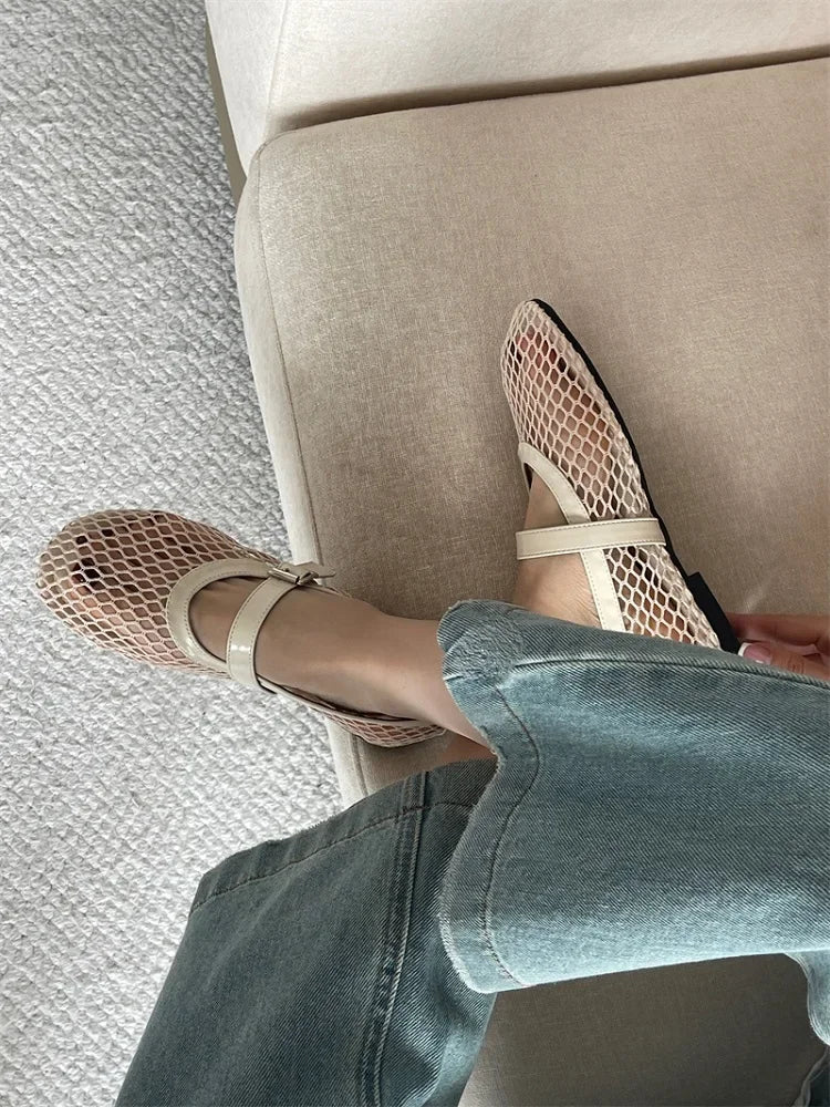 Aneikeh BIG Size 35-43 Jelly Color Fishing Ballet Dance Women's Mesh Buckle Flat Hollow Out Retro Mary Jane Shoes