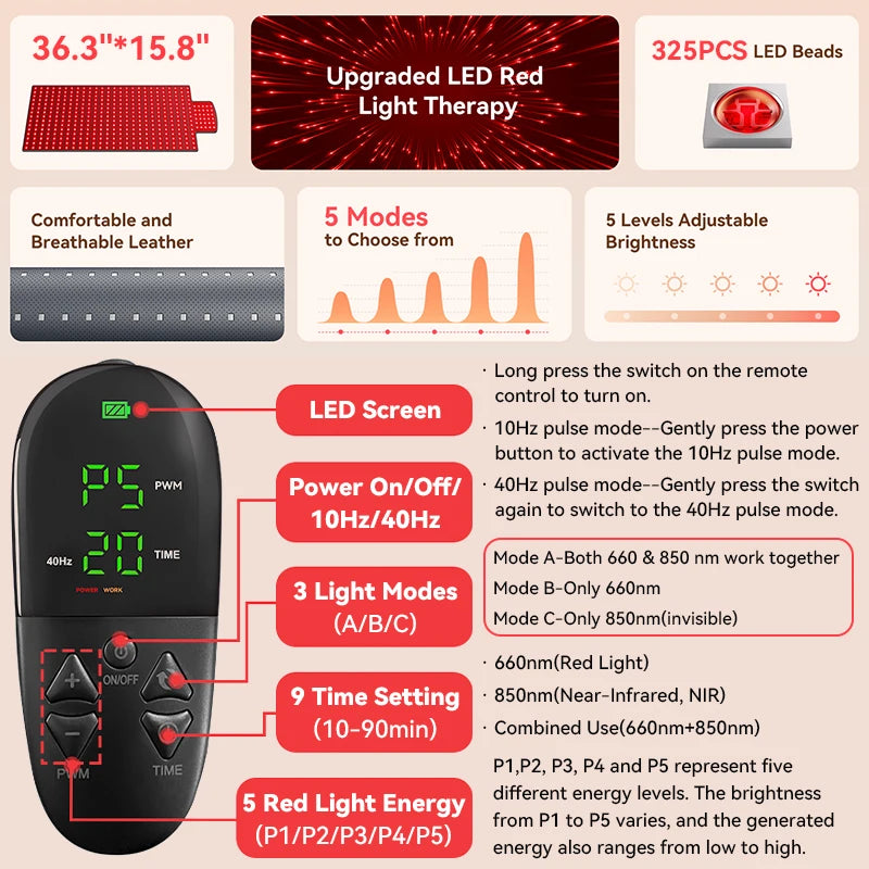 KEMOKO Red Light Therapy 660nm 850nm, Infrared LED Mat for Back and Waist Pain, Muscle Soreness Relief, Large Size 36.3" x 15.8"