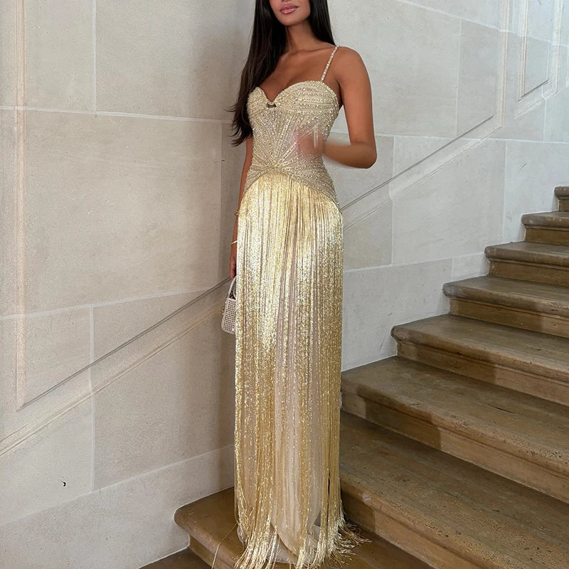 New 2026 Women's Banquet President Dress Fashion Sequin Tassel Slim Cocktail Dress Elegant Temperament Off Shoulder Strap Dress