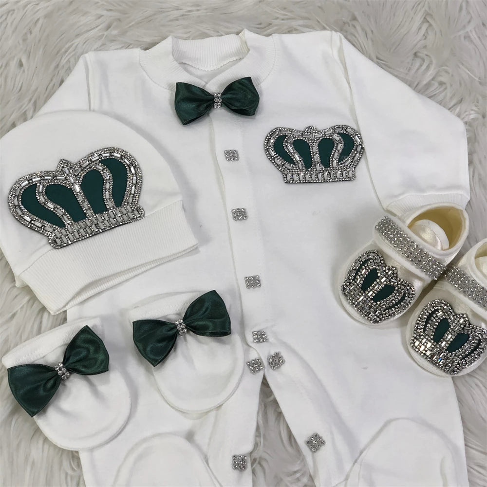 Dollbling Butterfly Jewelry Crown Gift Clothing Sets Welcome Home Lace Baby Rompers Mittens Bonnet Pajamas Outfit 4pcs Layette