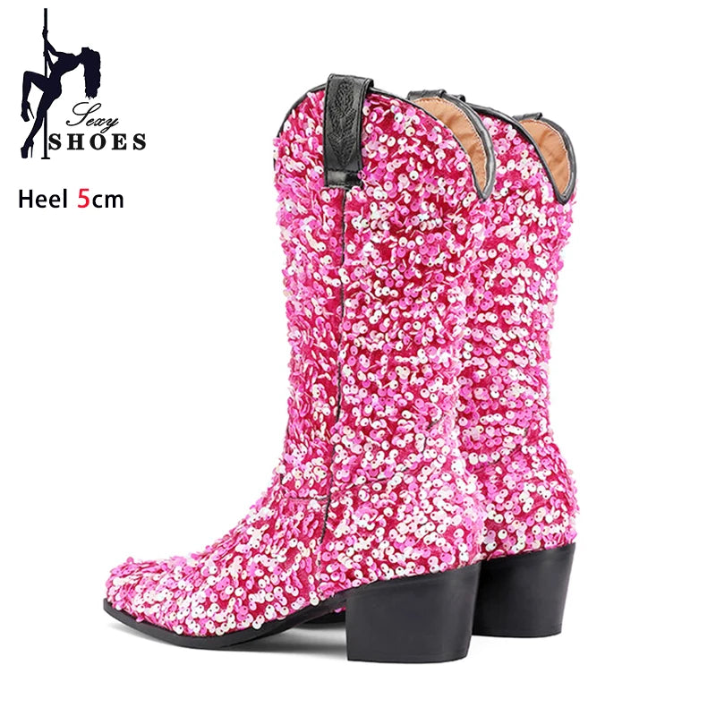 Women Sexy Western Boots Bling Bling Trends Party Chunk Heels Lady Shoes Fashion Pointed Nightclub Female Sequin Mid-Calf Boots