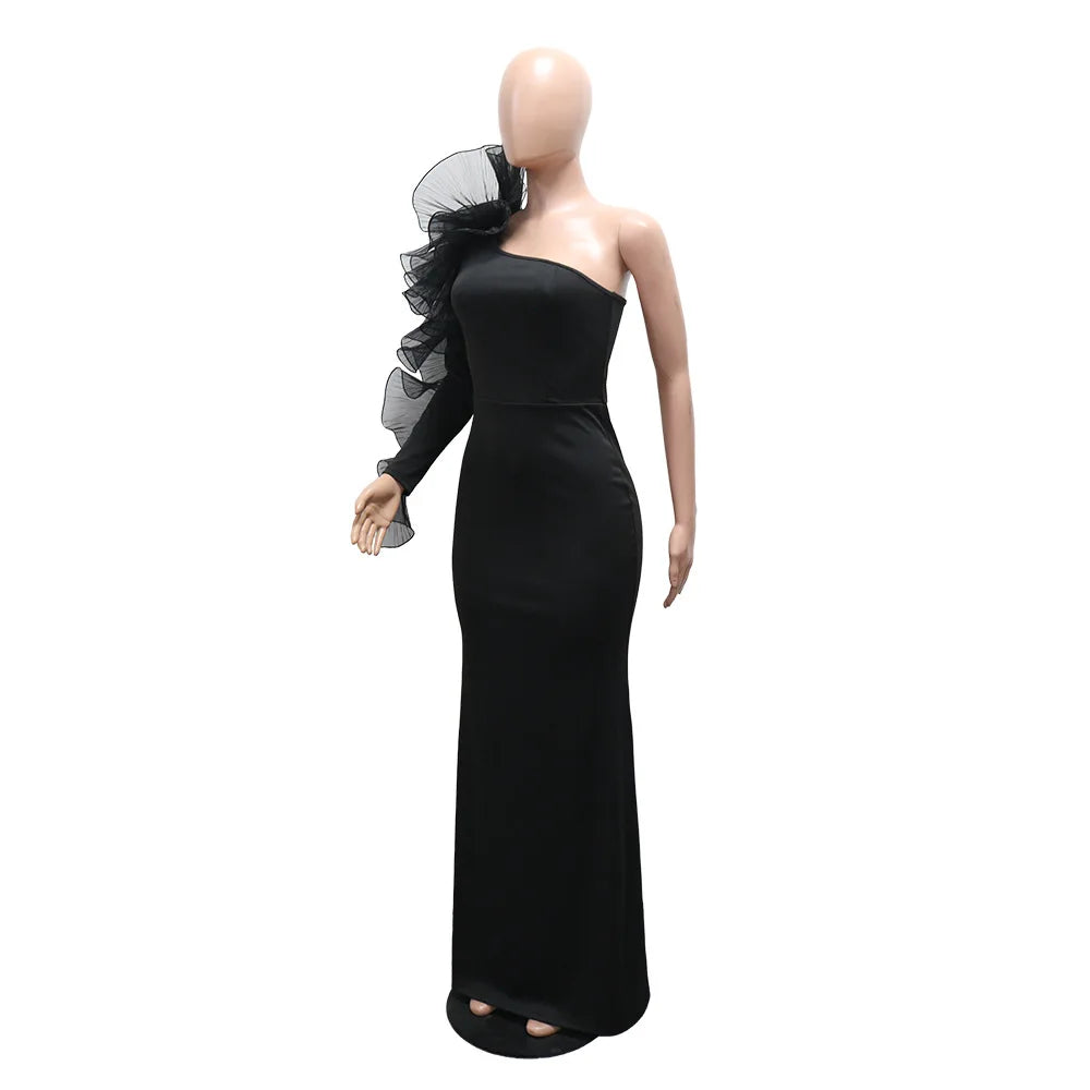 One Shoulder Long Dress Women Elegant Party Dresses Ruffles Sleeve Bodycon Evening Summer Dresses Female Birthday Dress HWY1896