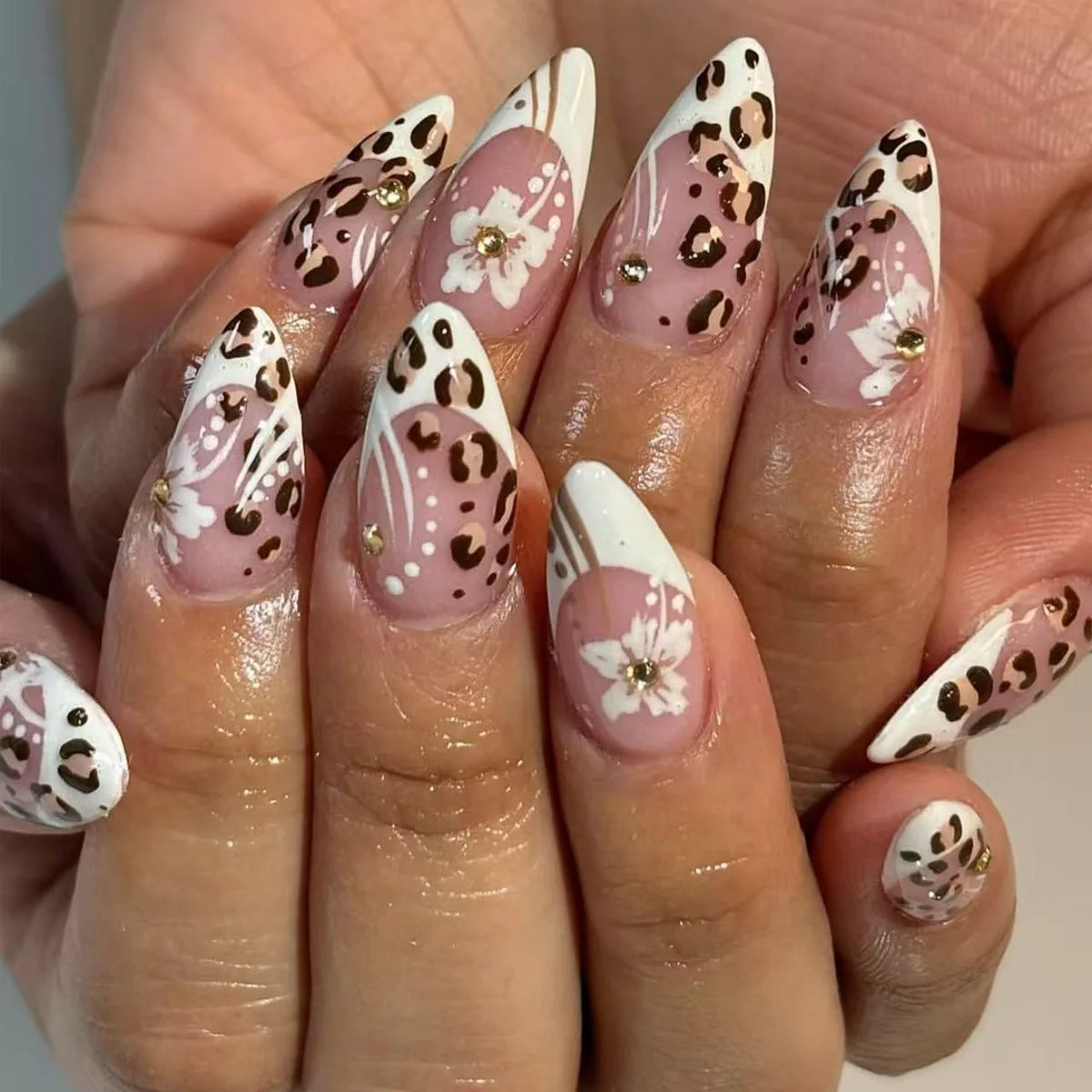 24pcs Long Almond False Nails with Flower Pearl Rhinestone Design Fake Nails Leopard Print Press on Nails Sets Finished Manicure