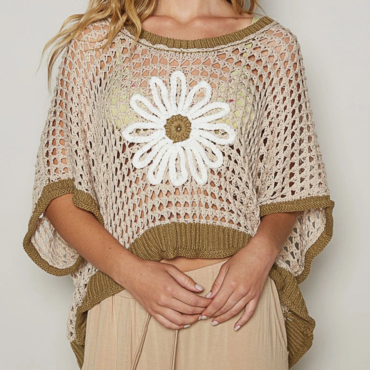 Women's Crochet Hollow Out Tops Half Sleeve O Neck Daisy Embroidery Loose Shirts Cover-ups Summer Knitwear