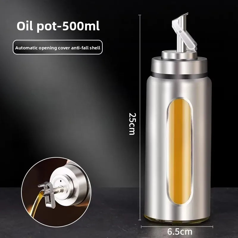 Stainless Steel Glass Oil Dispenser, Auto Open and Close Sauce Vinegar Condiment Bottle, Kitchen Household Oil Can
