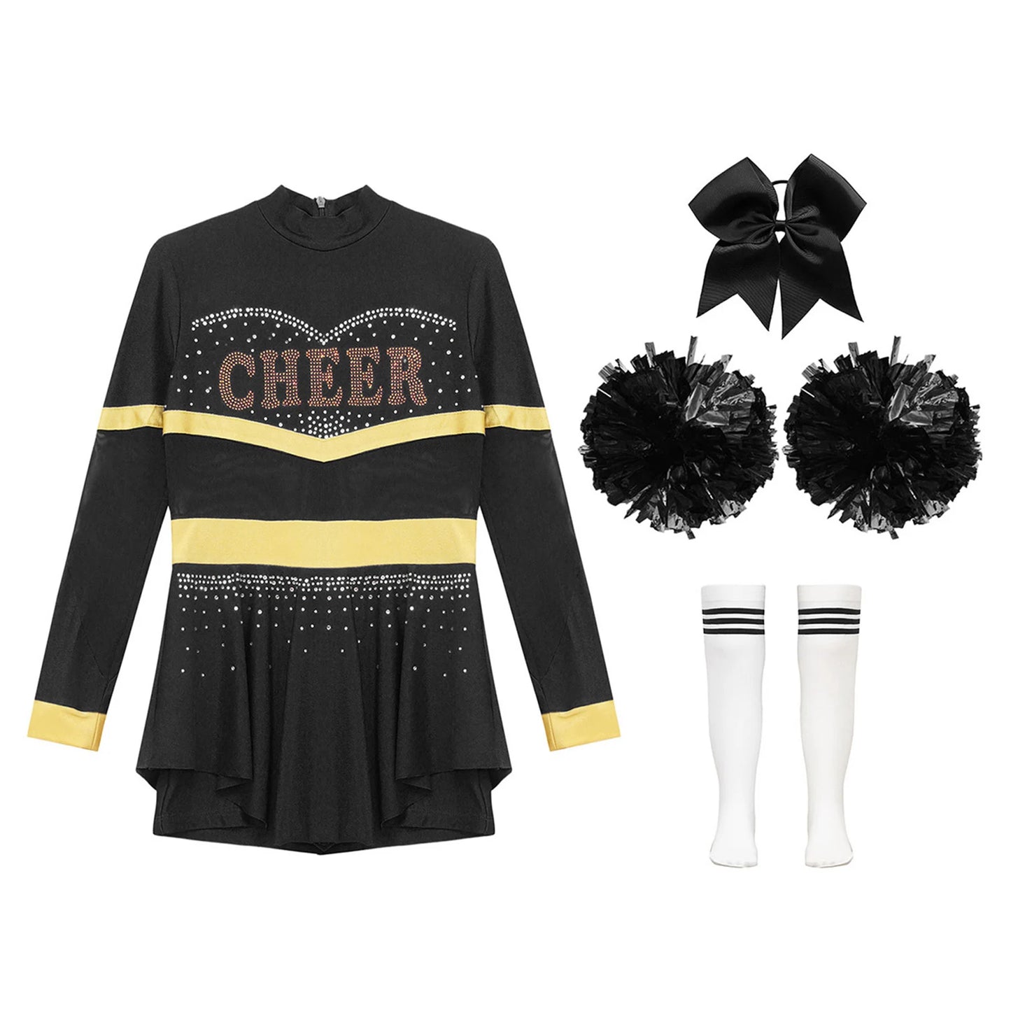 Girls Cheerleader Costume Long Sleeve Cheerleading Uniform Children Cheer Dance Dress Hand Flower Socks Stage Dancewear Sets