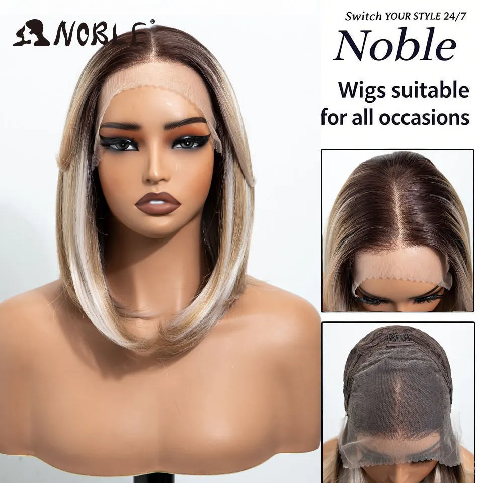 Noble 13x4 Synthetic Lace Front Wigs For Women Short Bob Wig With Bangs Pre Plucked Hairline Heat Resistan Ombre Blonde Lace Wig