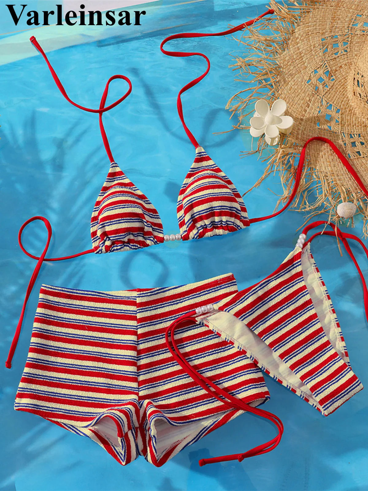 S - XL With Shorts Striped Halter Bikini Women Swimwear Female Swimsuit Three-Pieces Bikini Set Bather Bathing Suit Swim V8130
