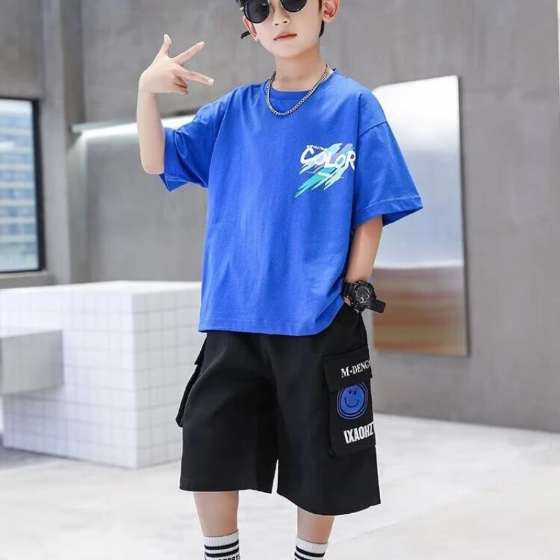 Summer 100% Cotton Boys Blue T-shirt Cool Graffiti Printed Girls Tees Short Sleeve Children Tops High Quality Kids Clothes 2024