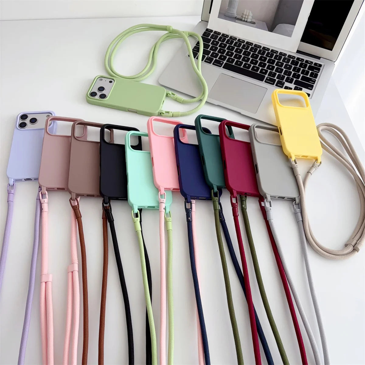 Silicone Phone Case for IPhone 17 Air 16 16E 15 14 Plus 11 13 12 Mini Pro Max Crossbody Lanyard Candy Color Soft TPU Back Cover